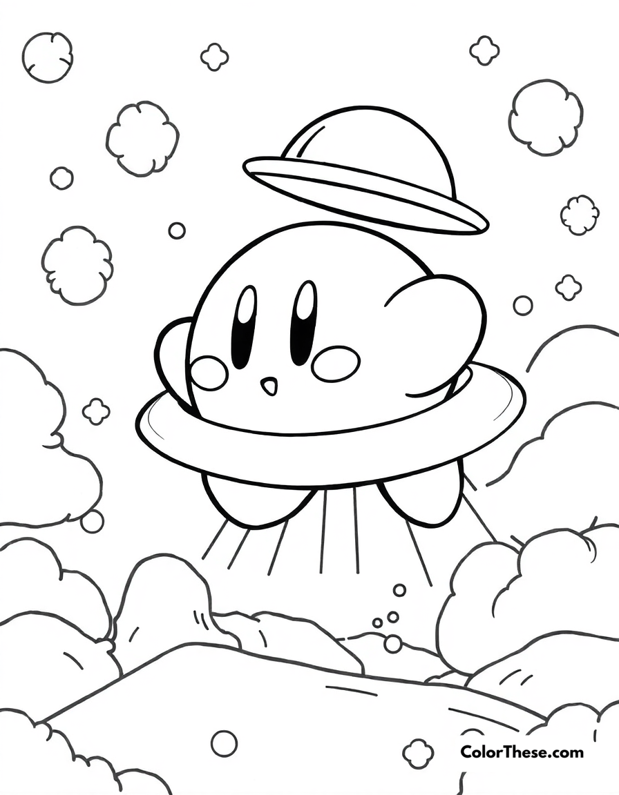 Free printable kirby with ufo ability coloring page for kids and adults - A kirby flying with his ufo ability.