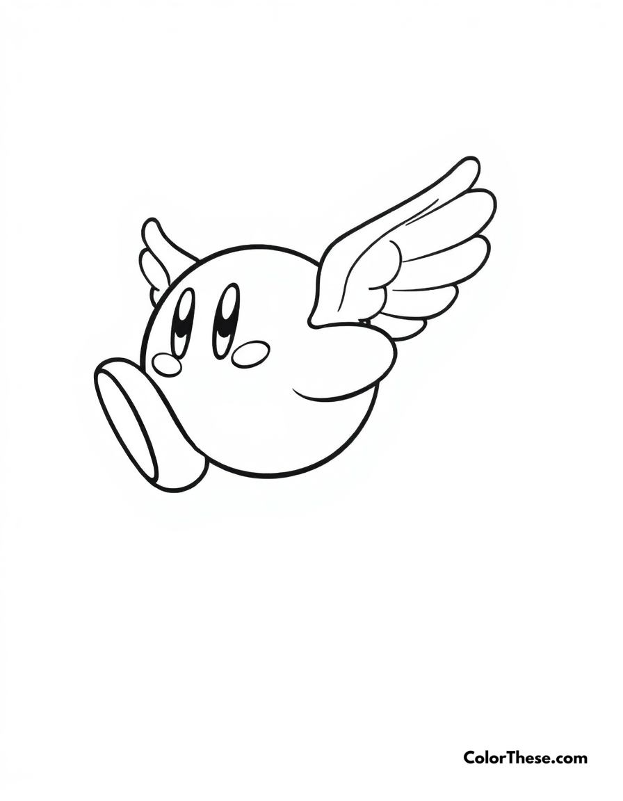 Free printable kirby with wing ability coloring page for kids and adults - A kirby flying with his wing ability.