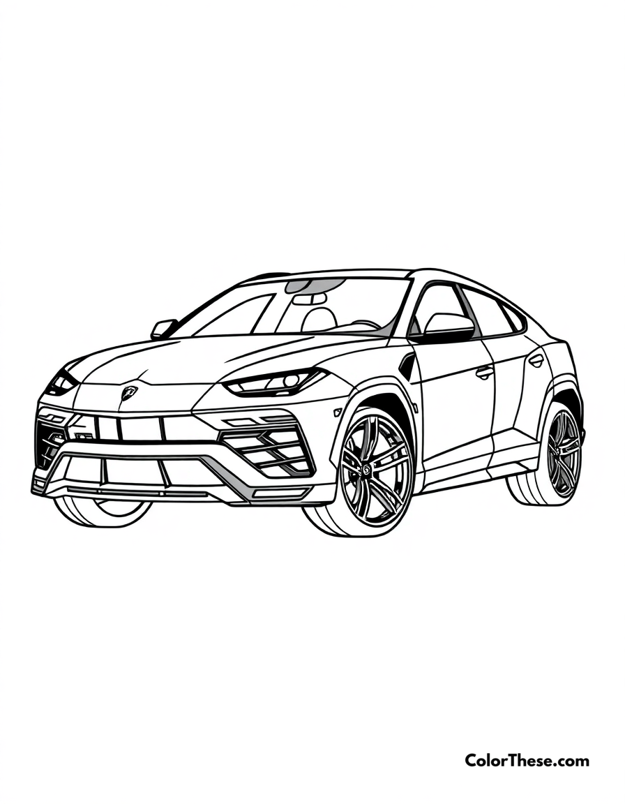 Free printable lamborghini urus coloring page for kids and adults - A a powerful lamborghini urus suv in a commanding pose.