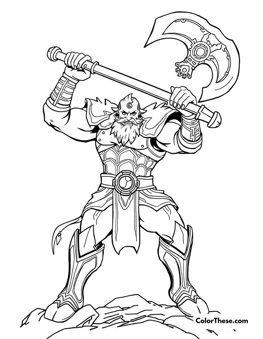 Free printable darius swinging his axe coloring page for kids and adults - A darius, the hand of noxus from league of legends, swinging his massive axe.