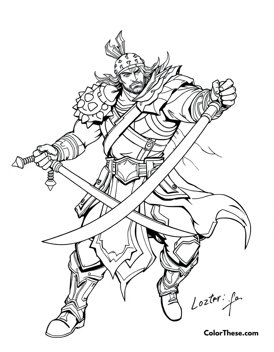 Free printable garen spinning with his sword coloring page for kids and adults - A garen, the might of demacia from league of legends, spinning with his sword.