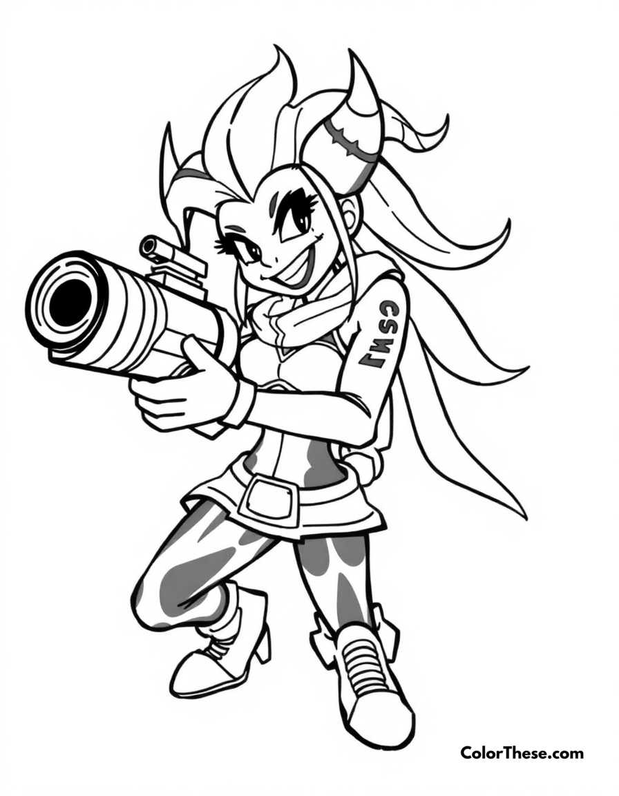 Free printable jinx with her minigun coloring page for kids and adults - A jinx, the loose cannon from league of legends, wielding her minigun with a mischievous grin.