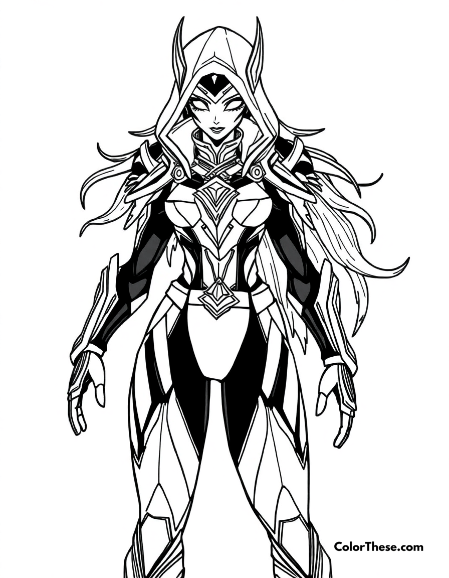 Free printable kai’sa in her void suit coloring page for kids and adults - A kai’sa, daughter of the void from league of legends, in her futuristic suit.