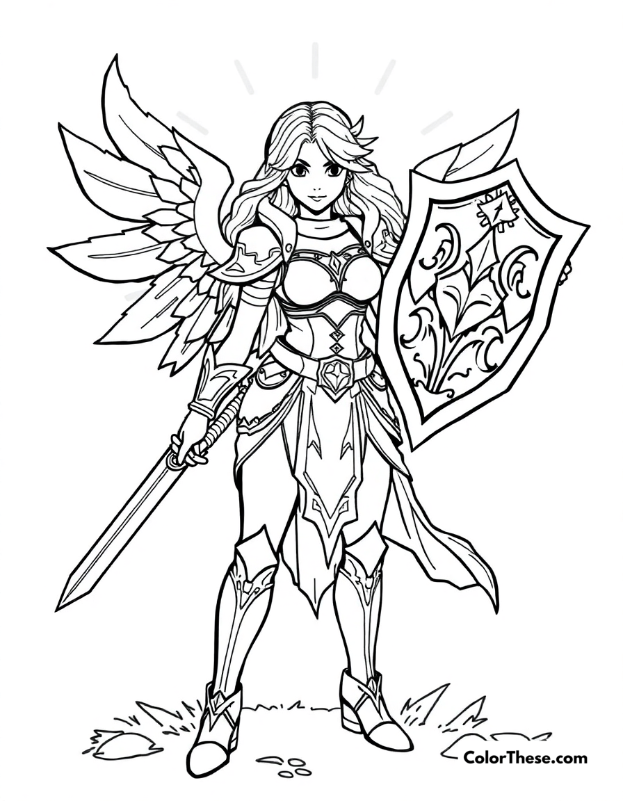 Free printable leona with her shield coloring page for kids and adults - A leona, the radiant dawn from league of legends, holding her shield and sword.