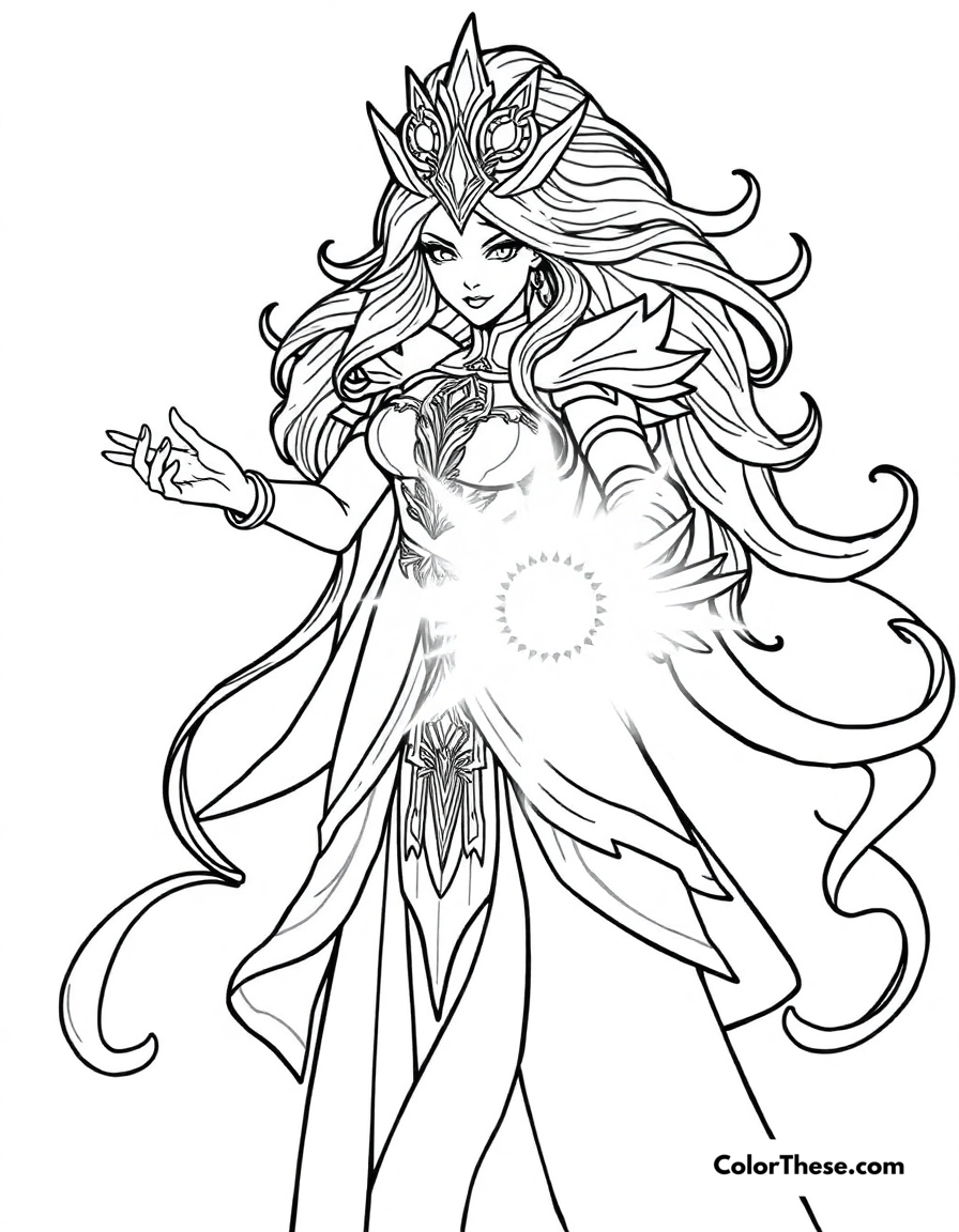 Free printable lux casting a spell coloring page for kids and adults - A lux, the lady of luminosity from league of legends, casting a radiant spell.