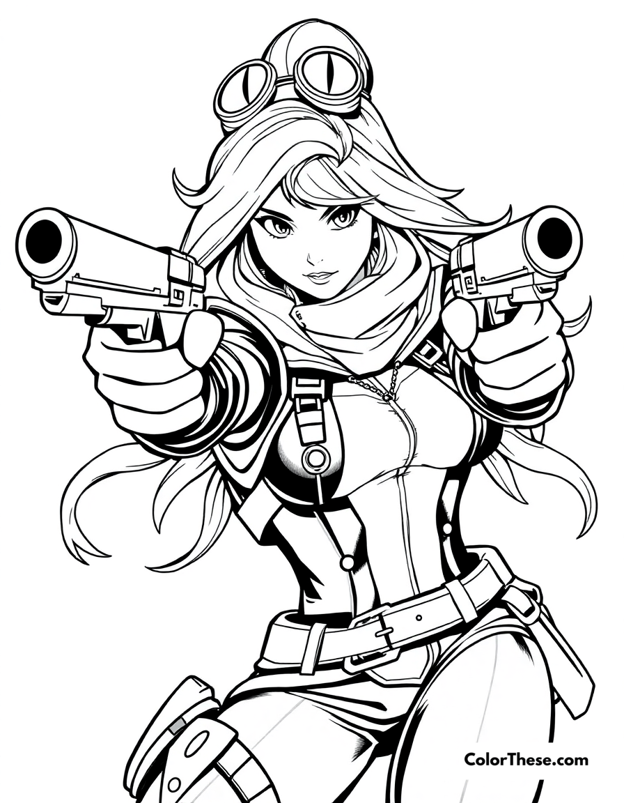 Free printable miss fortune with her pistols coloring page for kids and adults - A miss fortune, the bounty hunter from league of legends, aiming her dual pistols.