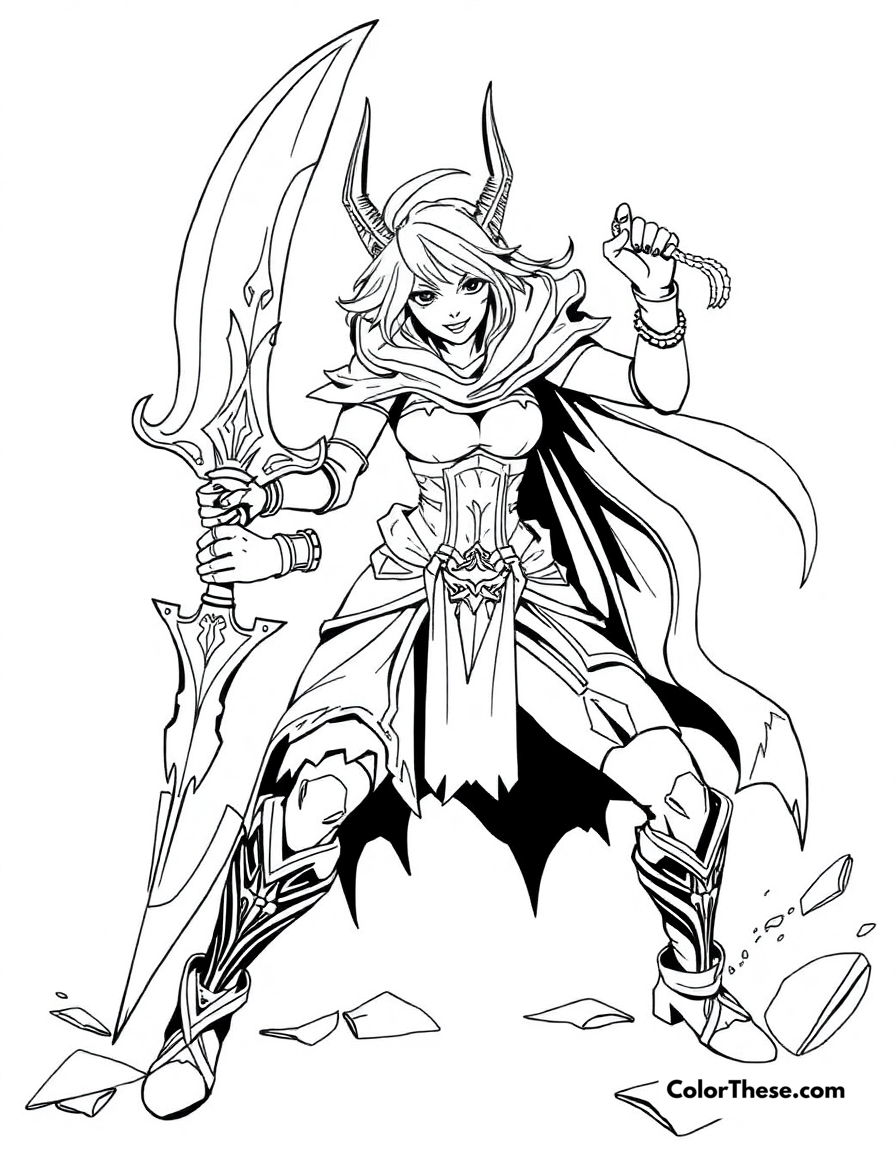 Free printable riven with her broken blade coloring page for kids and adults - A riven, the exile from league of legends, wielding her broken blade.