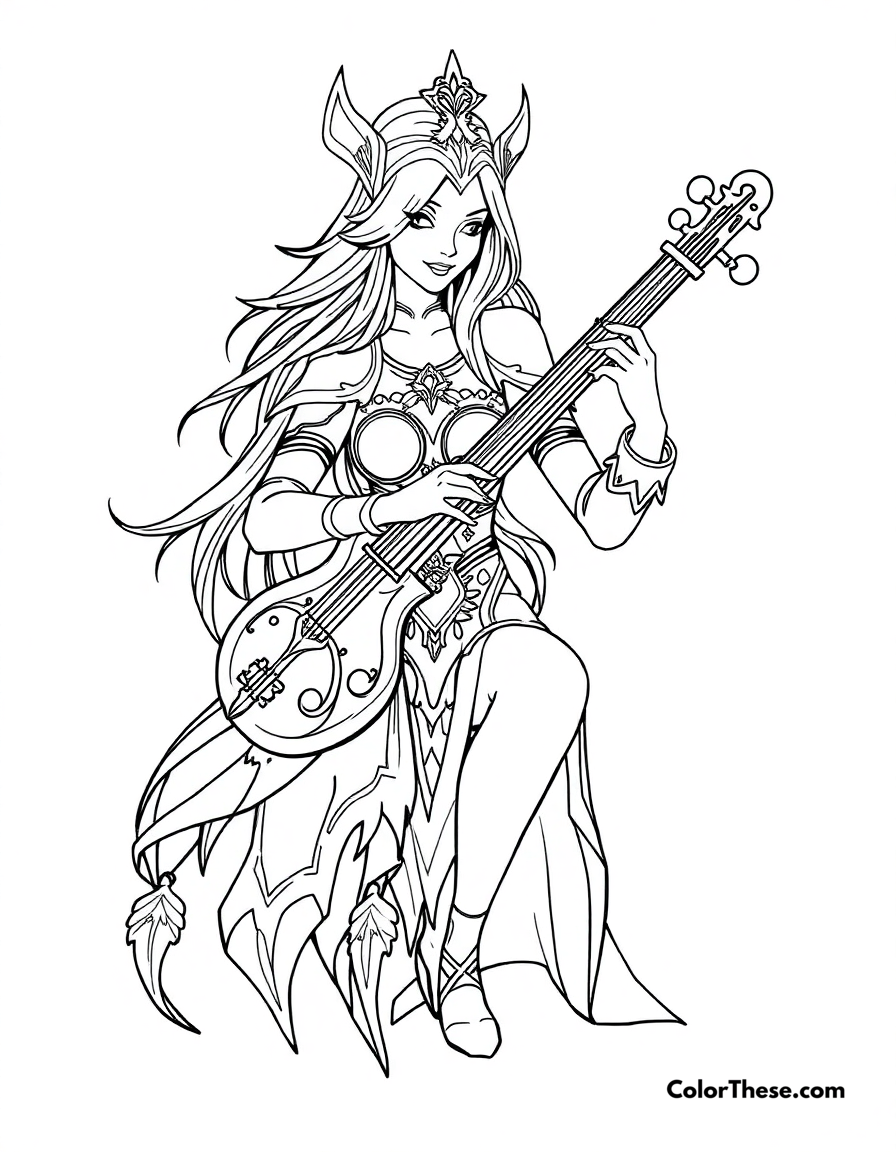 Free printable sona with her etwahl coloring page for kids and adults - A sona, maven of the strings from league of legends, playing her ethereal instrument.