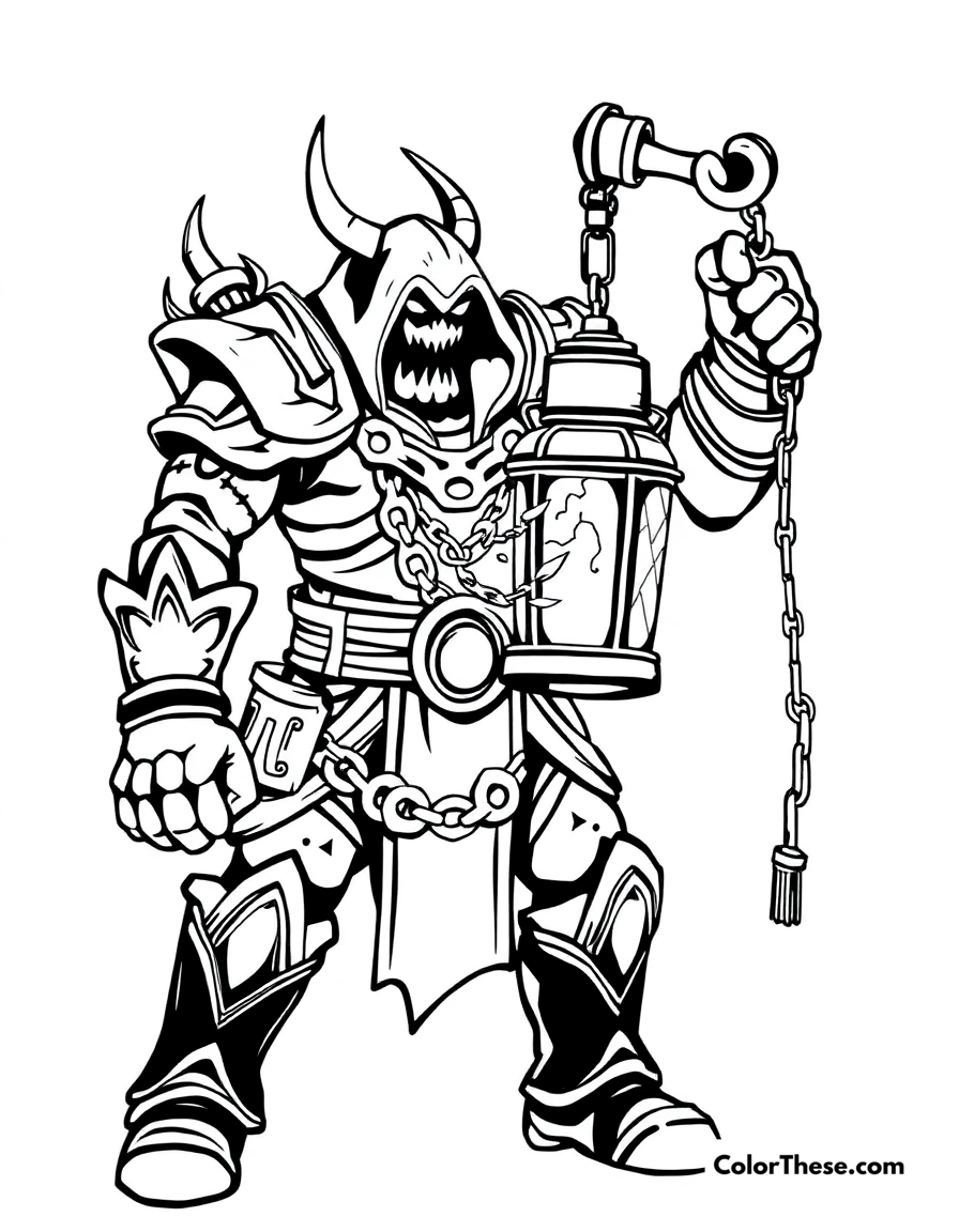 Free printable thresh with his lantern coloring page for kids and adults - A thresh, the chain warden from league of legends, holding his eerie lantern.