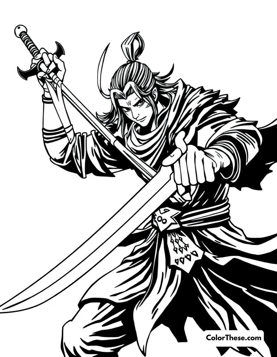 Free printable yasuo with his sword coloring page for kids and adults - A yasuo, the unforgiven from league of legends, wielding his sword in a dynamic pose.