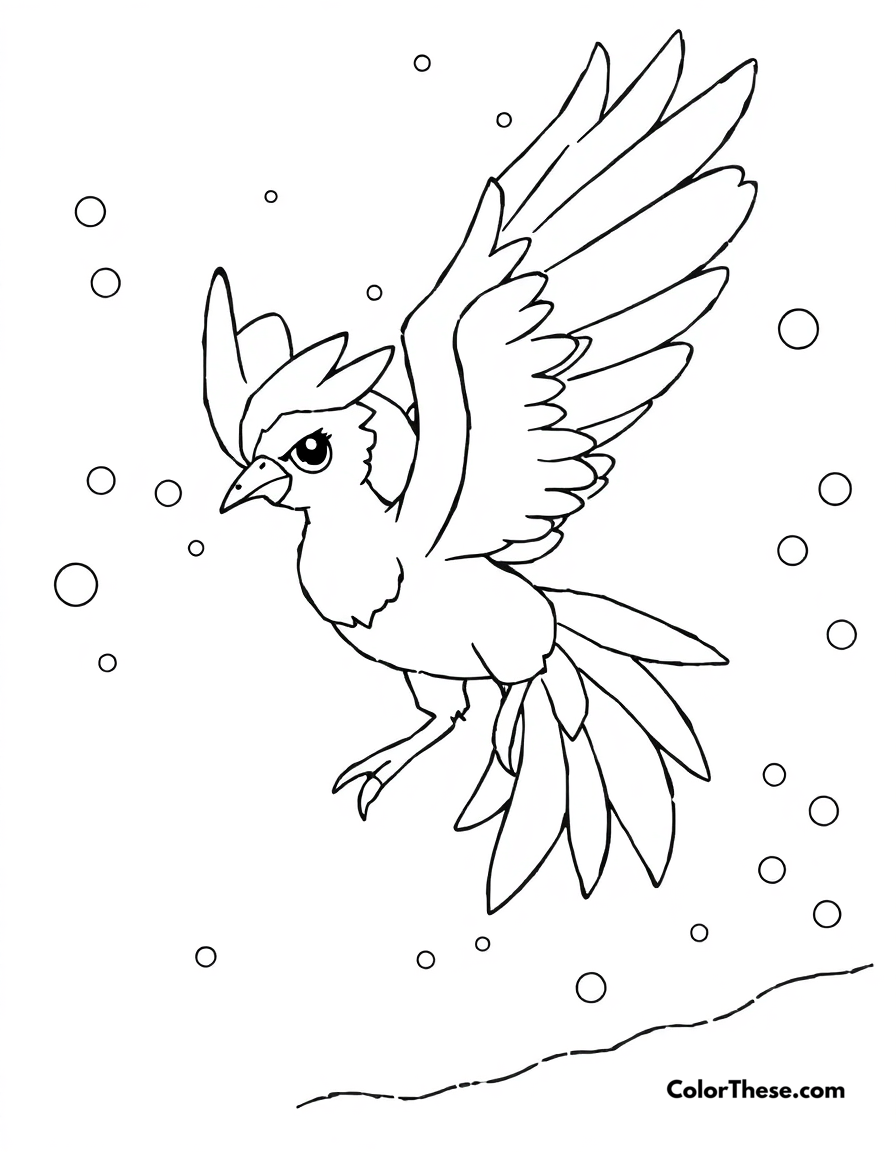 Free printable articuno in a snowstorm coloring page for kids and adults - A articuno, the freeze pokémon, flying through a snowstorm.