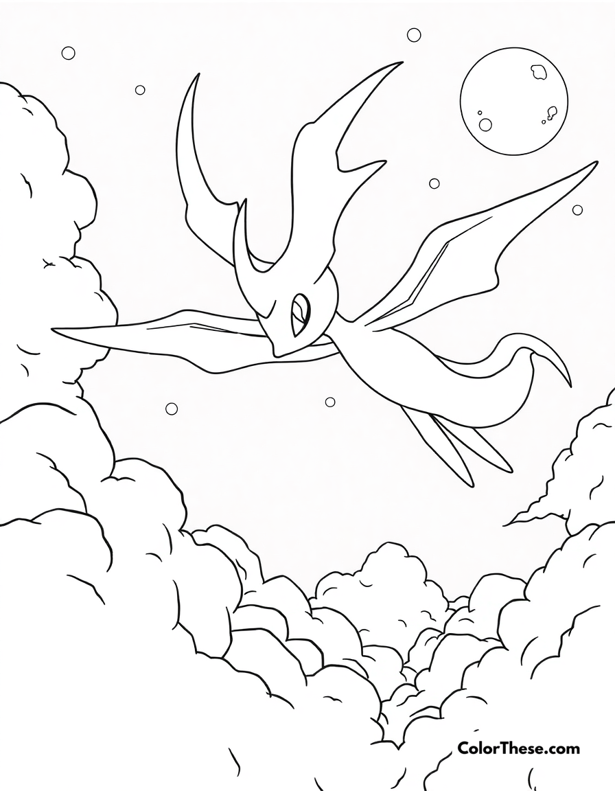 Free printable cresselia in a moonlit sky coloring page for kids and adults - A cresselia, the lunar pokémon, flying in a moonlit sky.