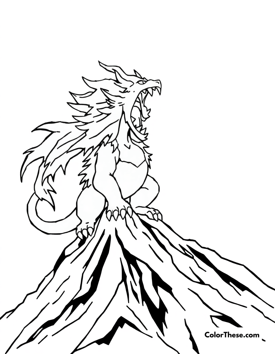 Free printable entei roaring on a mountain coloring page for kids and adults - A entei, the volcano pokémon, roaring on a mountain peak.