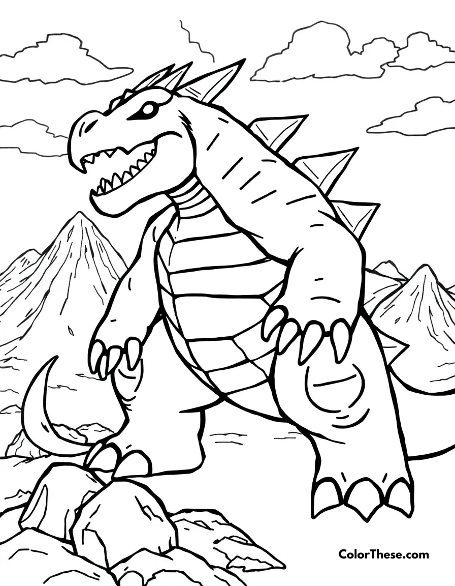 Free printable groudon in a volcanic landscape coloring page for kids and adults - A groudon, the continent pokémon, standing in a volcanic landscape.