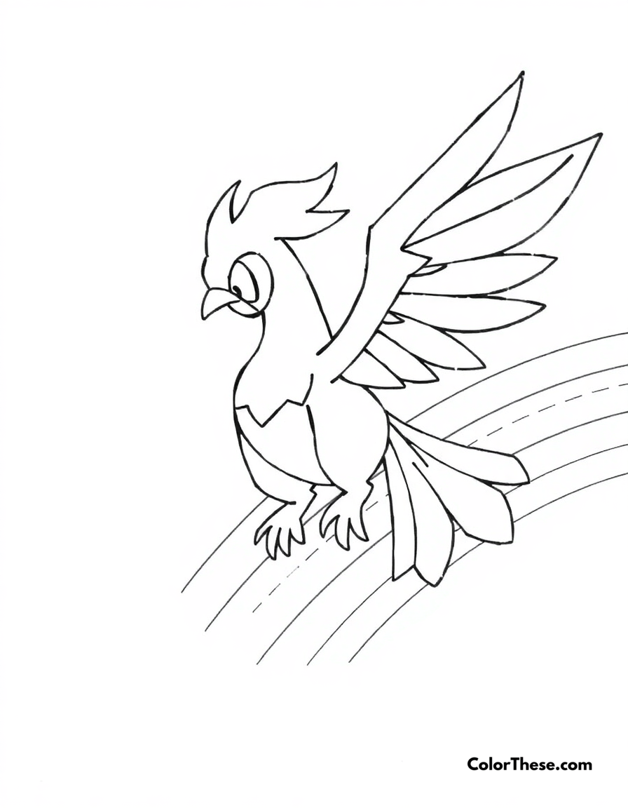 Free printable ho-oh flying over a rainbow coloring page for kids and adults - A ho-oh, the rainbow pokémon, flying over a vibrant rainbow.