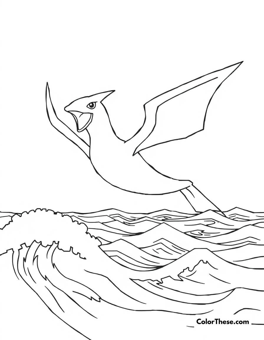 Free printable lugia soaring over the ocean coloring page for kids and adults - A lugia, the diving pokémon, soaring over the ocean waves.