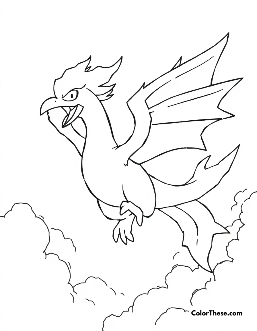 Free printable moltres in a fiery sky coloring page for kids and adults - A moltres, the flame pokémon, flying through a fiery sky.