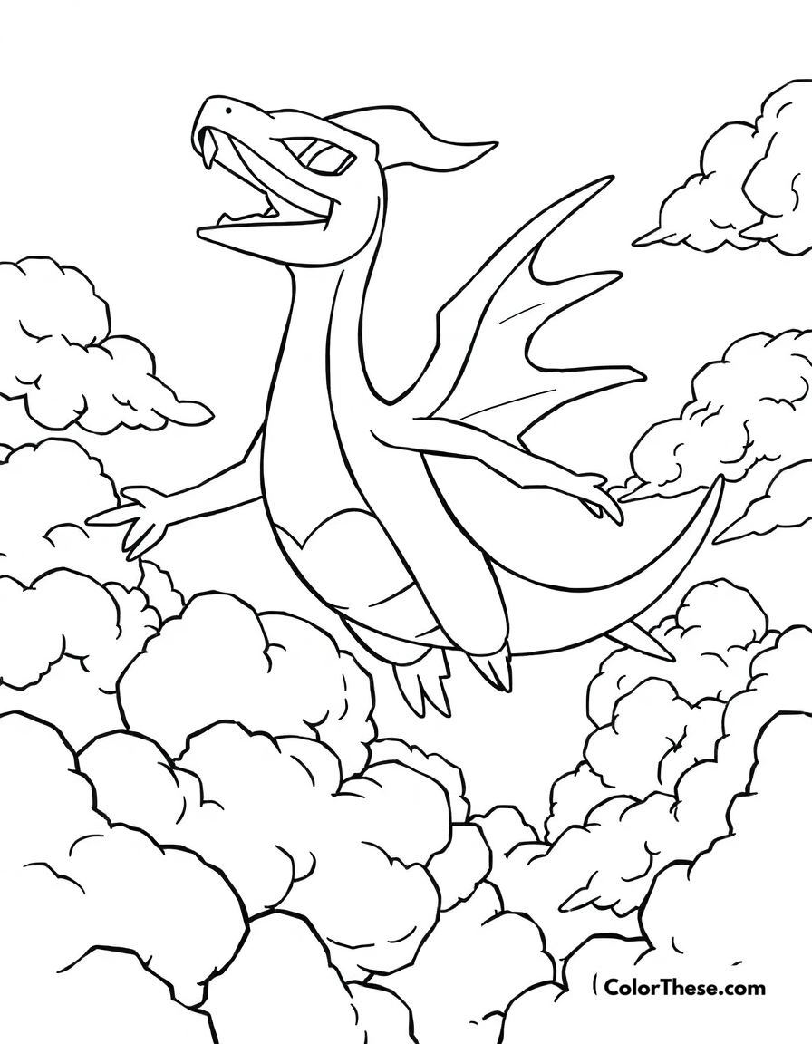 Free printable rayquaza in the sky coloring page for kids and adults - A rayquaza, the sky high pokémon, flying through the clouds.