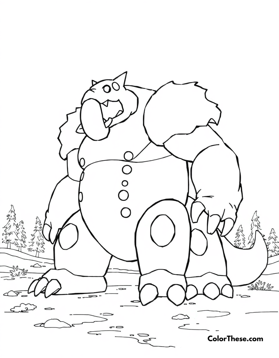 Free printable regigigas in a frozen tundra coloring page for kids and adults - A regigigas, the colossal pokémon, standing in a frozen tundra.