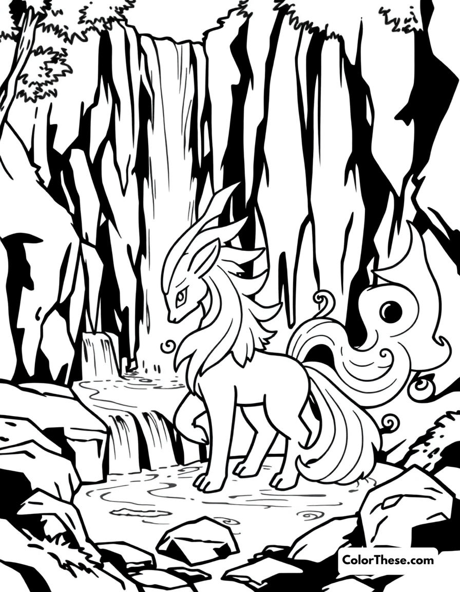 Free printable suicune standing by a waterfall coloring page for kids and adults - A suicune, the aurora pokémon, standing by a waterfall.