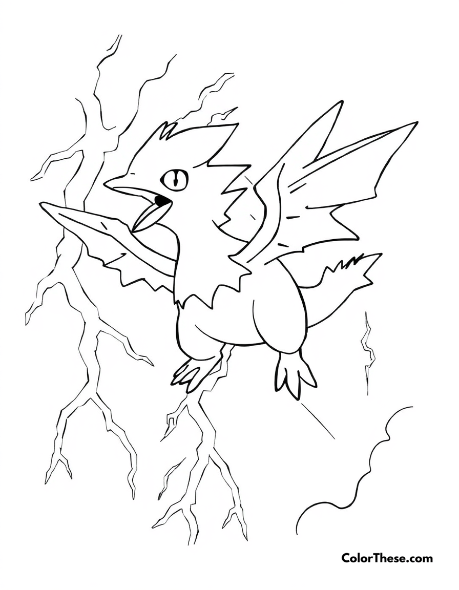 Free printable zapdos in a thunderstorm coloring page for kids and adults - A zapdos, the electric pokémon, flying through a thunderstorm.