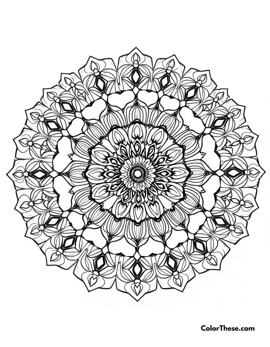 Free printable bee mandala with honeycomb patterns coloring page for kids and adults - A a mandala featuring bee-inspired honeycomb patterns.