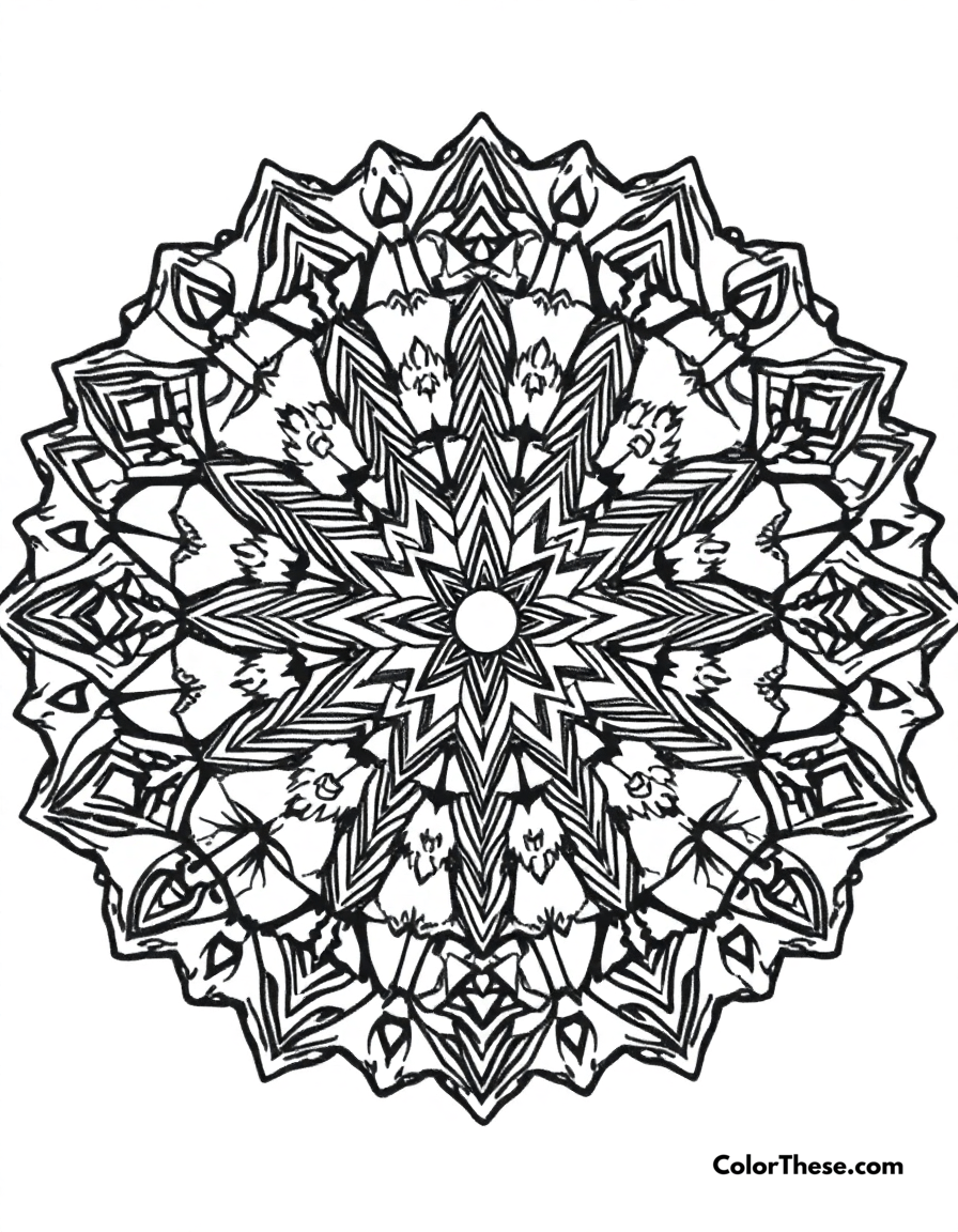 Free printable celestial mandala with star patterns coloring page for kids and adults - A a mandala featuring star and celestial-inspired patterns.