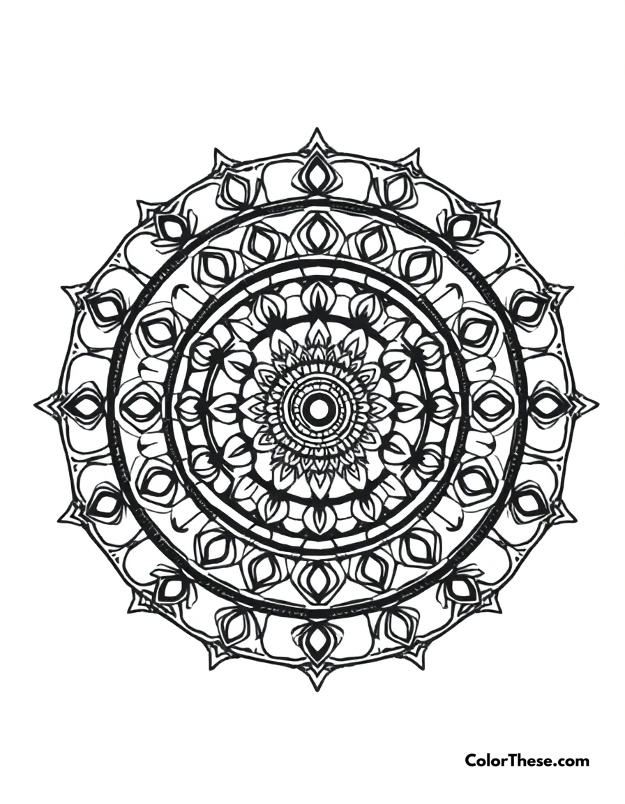 Free printable circular mandala with layered rings coloring page for kids and adults - A a mandala featuring layered circular rings with intricate patterns.