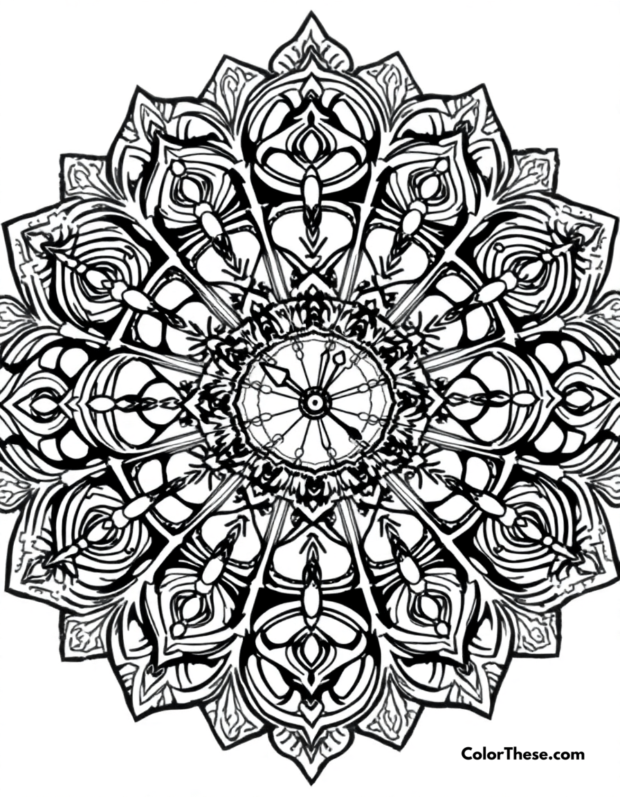 Free printable clock mandala with time-inspired patterns coloring page for kids and adults - A a mandala featuring clock and time-inspired patterns.