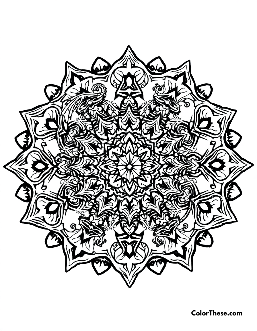 Free printable dragon mandala with mythical patterns coloring page for kids and adults - A a mandala featuring dragon-inspired mythical patterns.