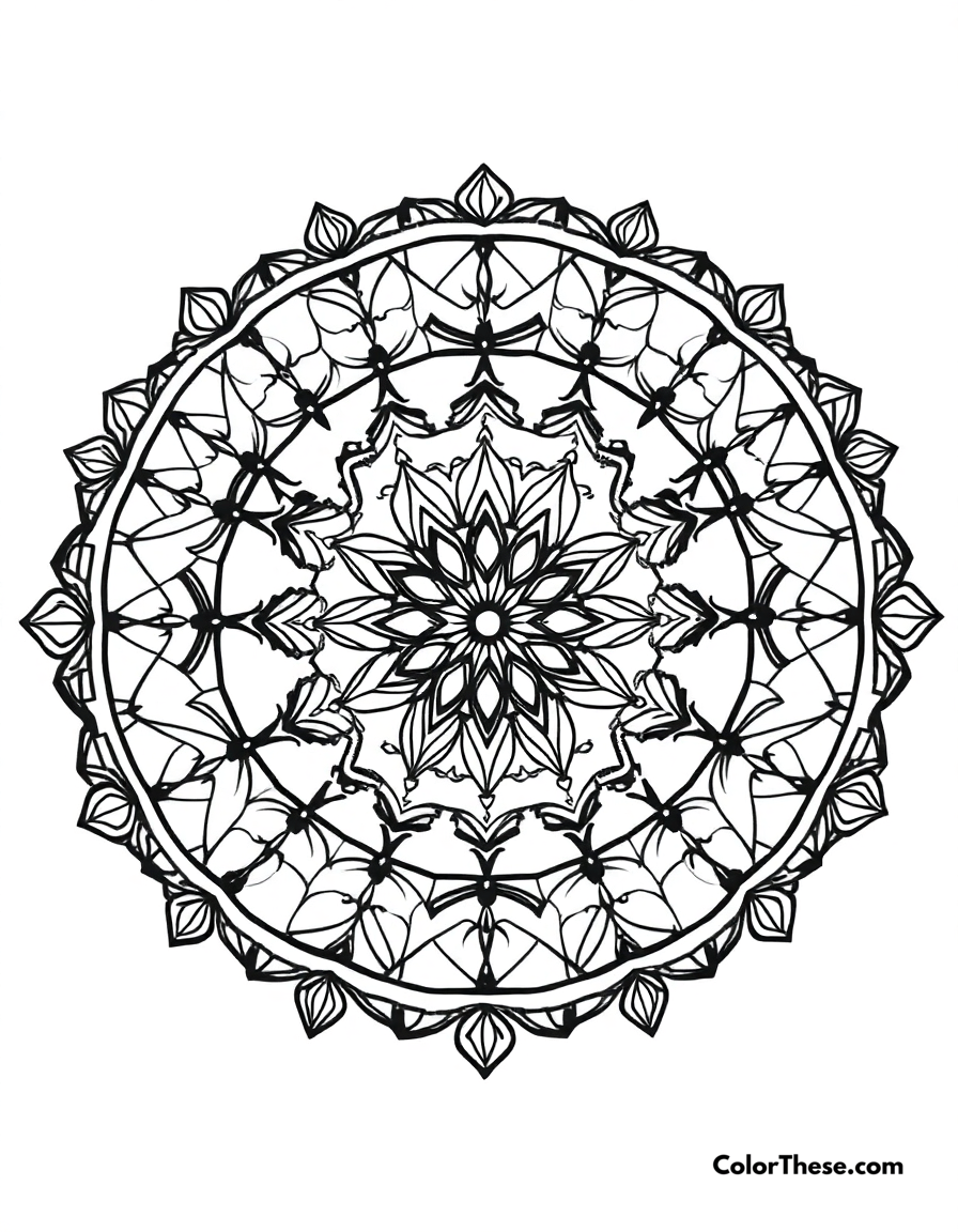 Free printable dreamcatcher mandala with web patterns coloring page for kids and adults - A a mandala featuring dreamcatcher-inspired web patterns.