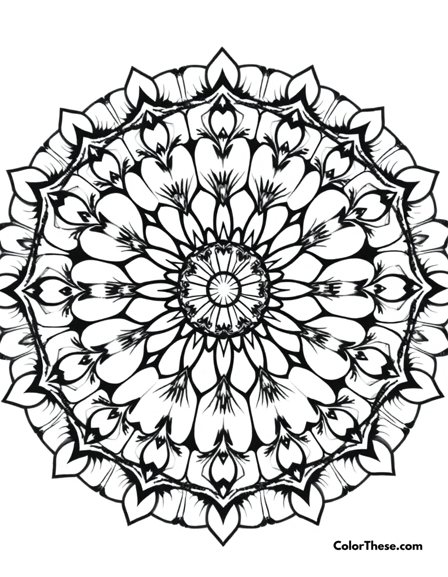 Free printable eagle mandala with feather patterns coloring page for kids and adults - A a mandala featuring eagle-inspired feather patterns.