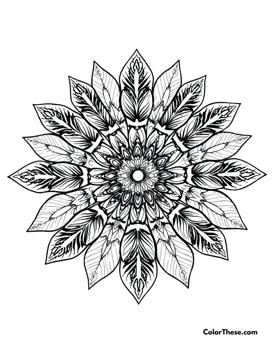 Free printable feather mandala with delicate details coloring page for kids and adults - A a mandala featuring feather-shaped patterns with delicate details.