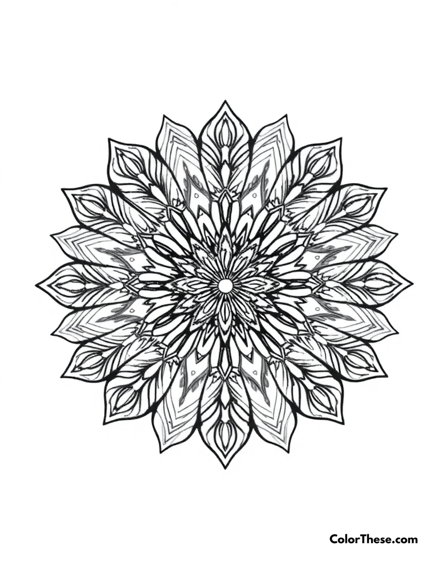 Free printable fox mandala with tail patterns coloring page for kids and adults - A a mandala featuring fox-inspired tail patterns.