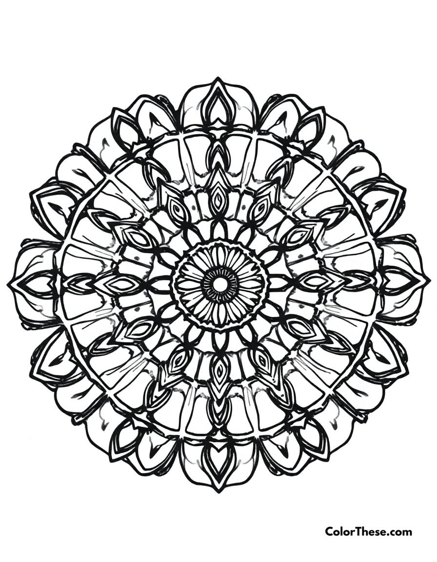 Free printable geometric mandala with circles coloring page for kids and adults - A a mandala featuring geometric patterns with concentric circles.