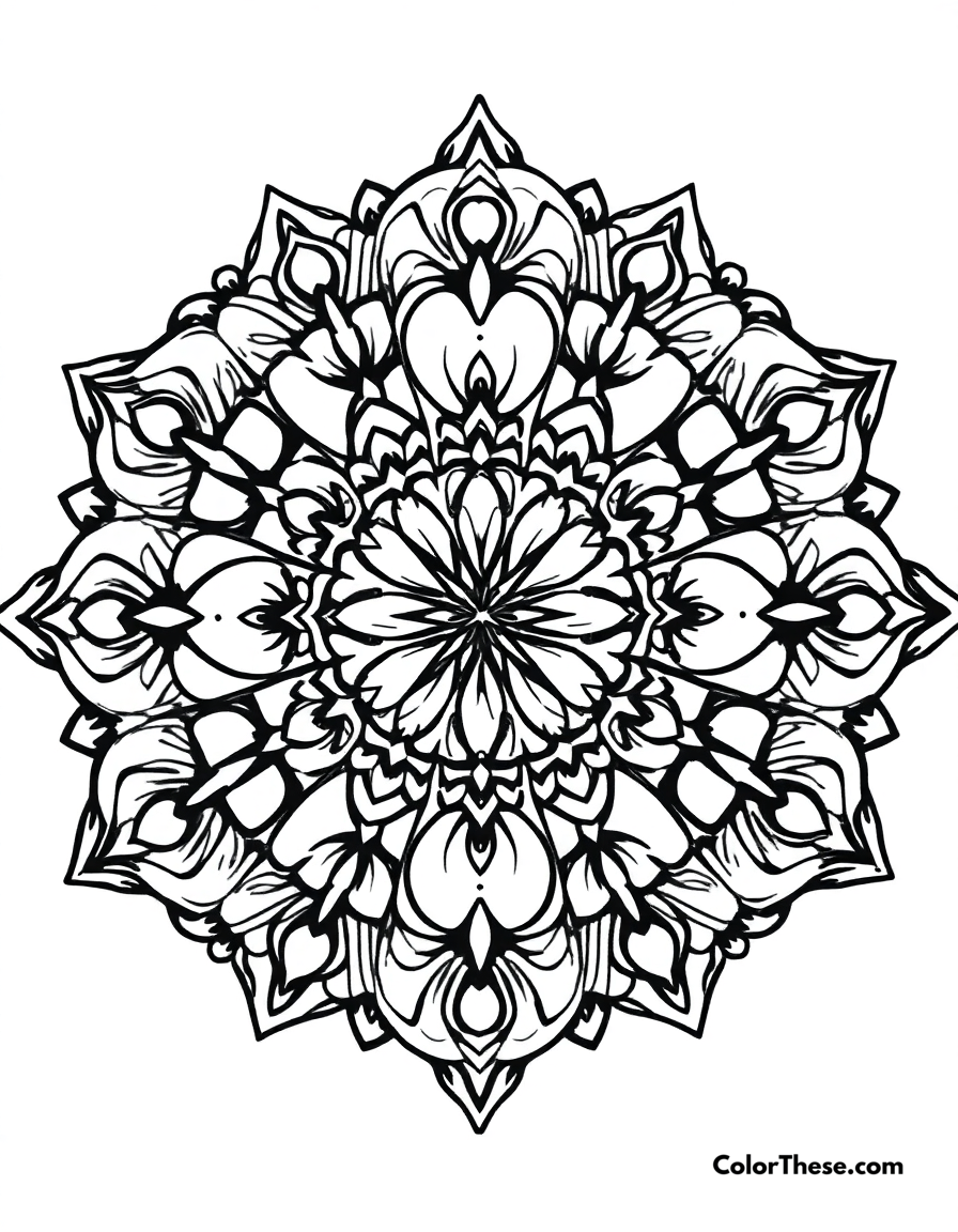 Free printable heart mandala with symmetrical patterns coloring page for kids and adults - A a mandala featuring heart-shaped patterns with symmetrical details.