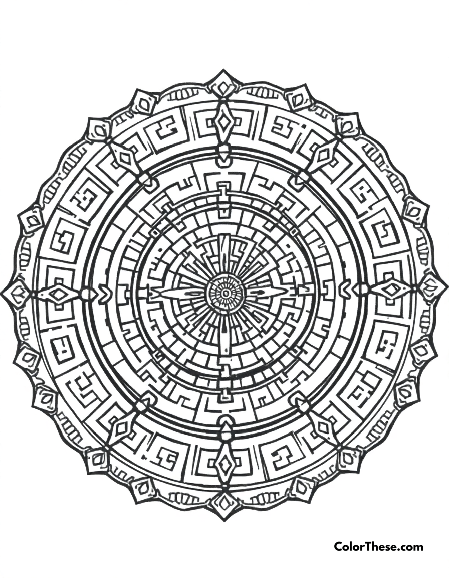 Free printable labyrinth mandala with maze patterns coloring page for kids and adults - A a mandala featuring labyrinth-inspired maze patterns.