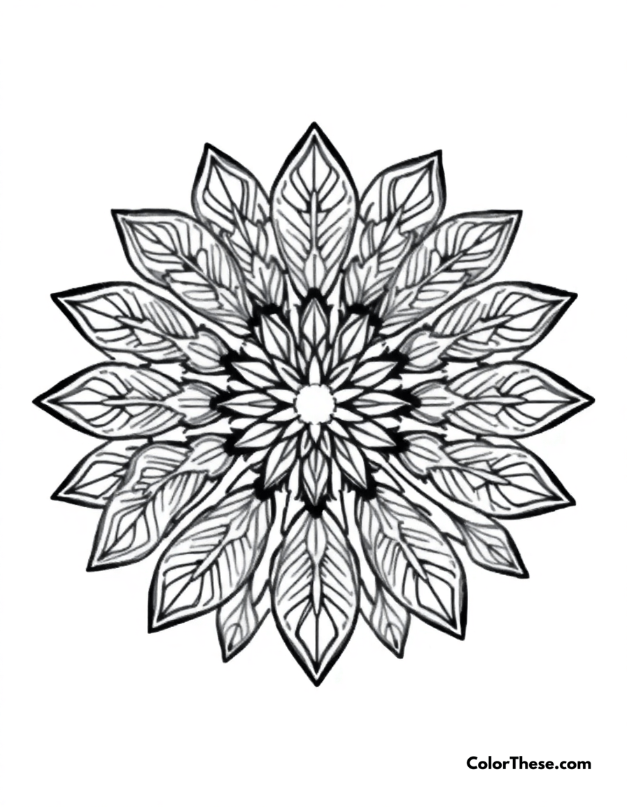 Free printable leaf mandala with nature-inspired patterns coloring page for kids and adults - A a mandala featuring leaf-shaped patterns inspired by nature.