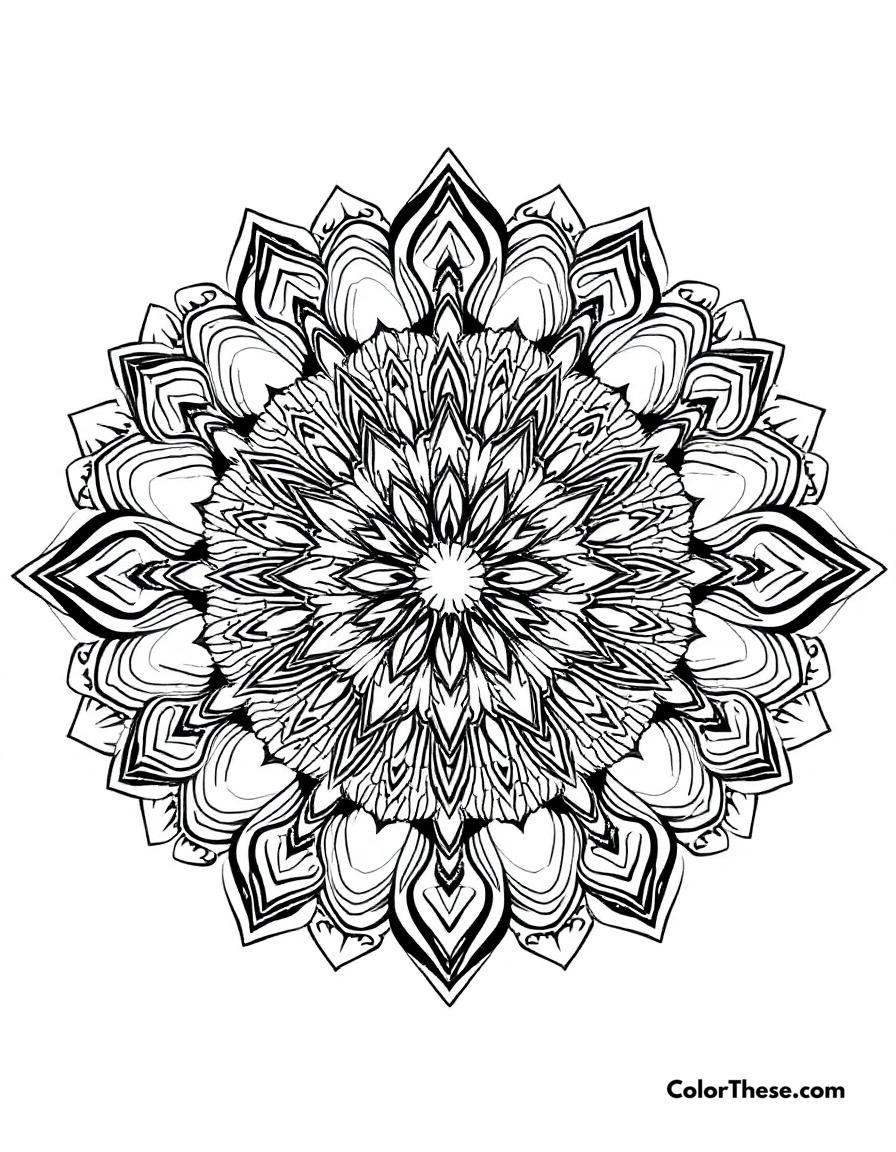 Free printable lion mandala with mane patterns coloring page for kids and adults - A a mandala featuring lion-inspired mane patterns.