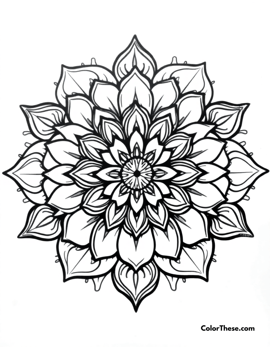 Free printable lotus mandala with intricate details coloring page for kids and adults - A a mandala inspired by a lotus flower, featuring intricate details.