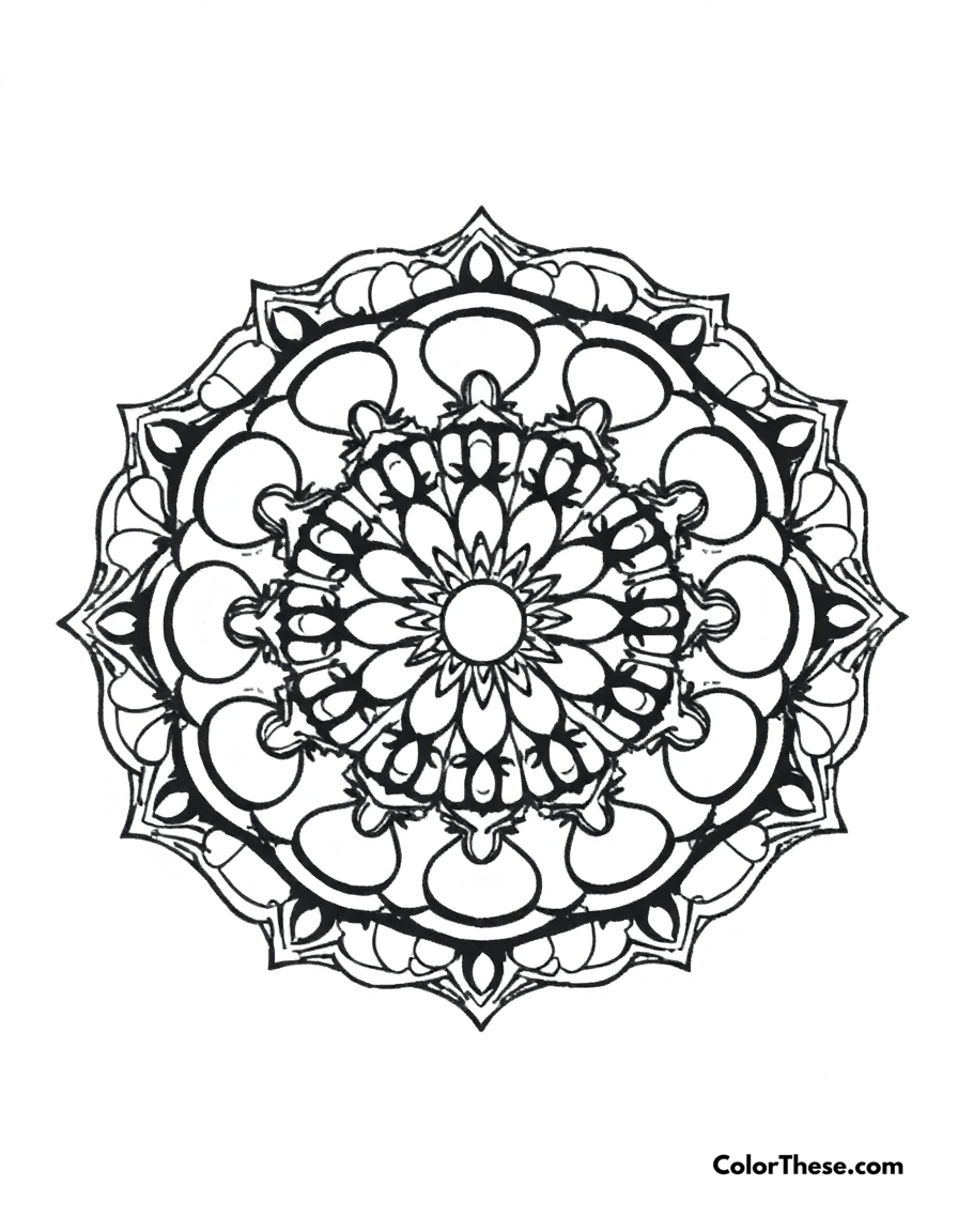 Free printable moon mandala with crescent patterns coloring page for kids and adults - A a mandala featuring crescent moon-inspired patterns.