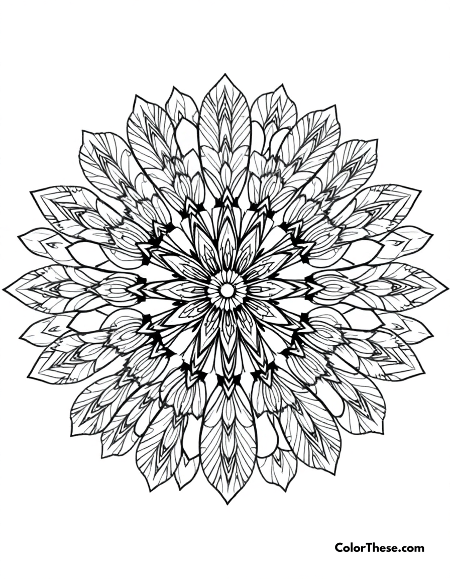 Free printable owl mandala with feather patterns coloring page for kids and adults - A a mandala featuring owl-inspired feather patterns.