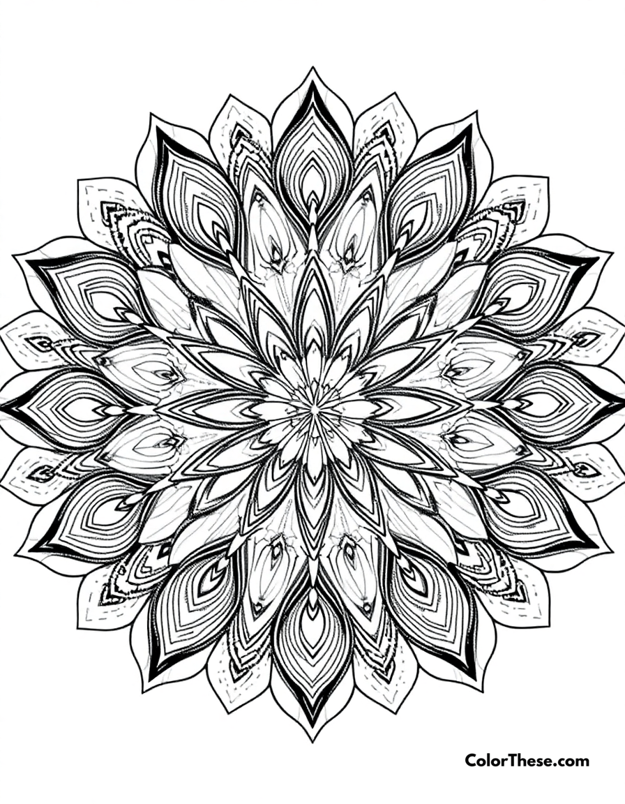 Free printable peacock mandala with feather patterns coloring page for kids and adults - A a mandala featuring peacock feather-inspired patterns.