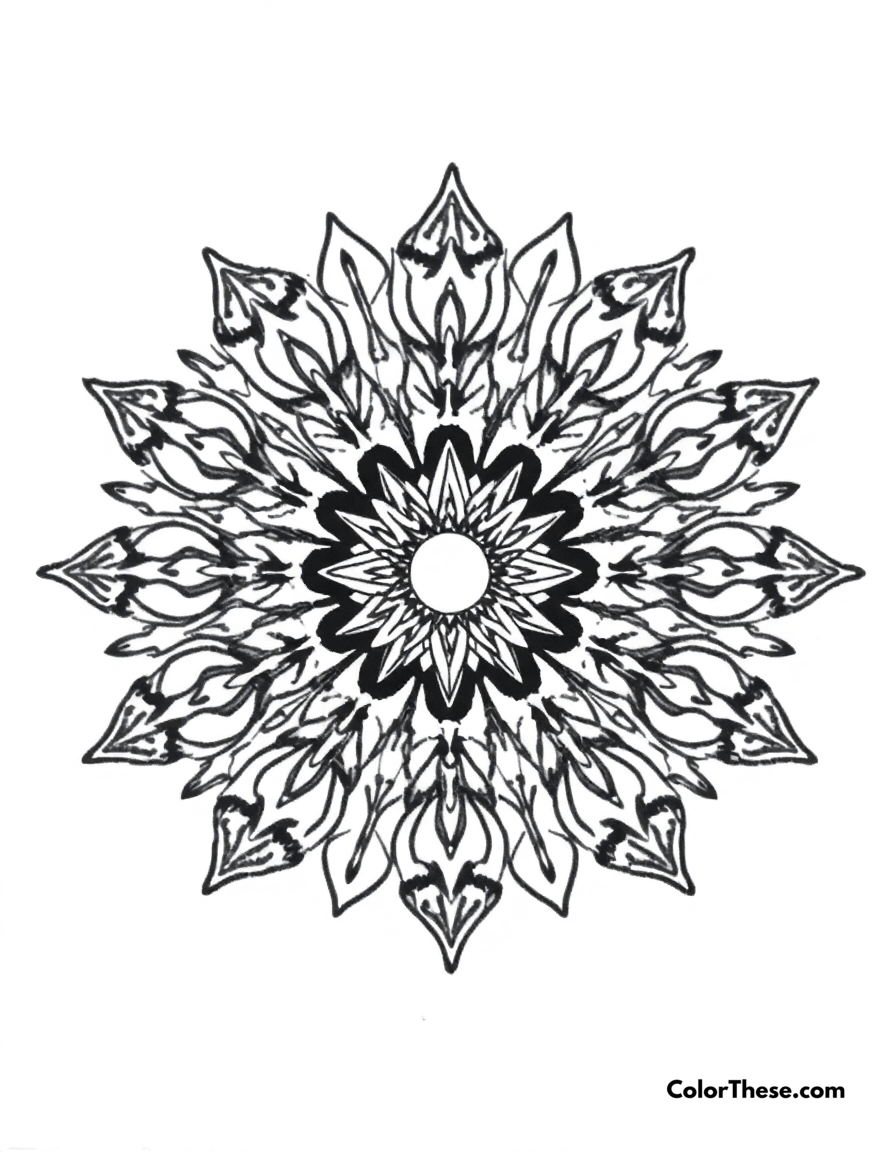 Free printable phoenix mandala with fire patterns coloring page for kids and adults - A a mandala featuring phoenix-inspired fire patterns.