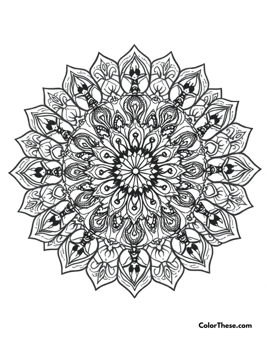 Free printable snake mandala with coiled patterns coloring page for kids and adults - A a mandala featuring snake-inspired coiled patterns.