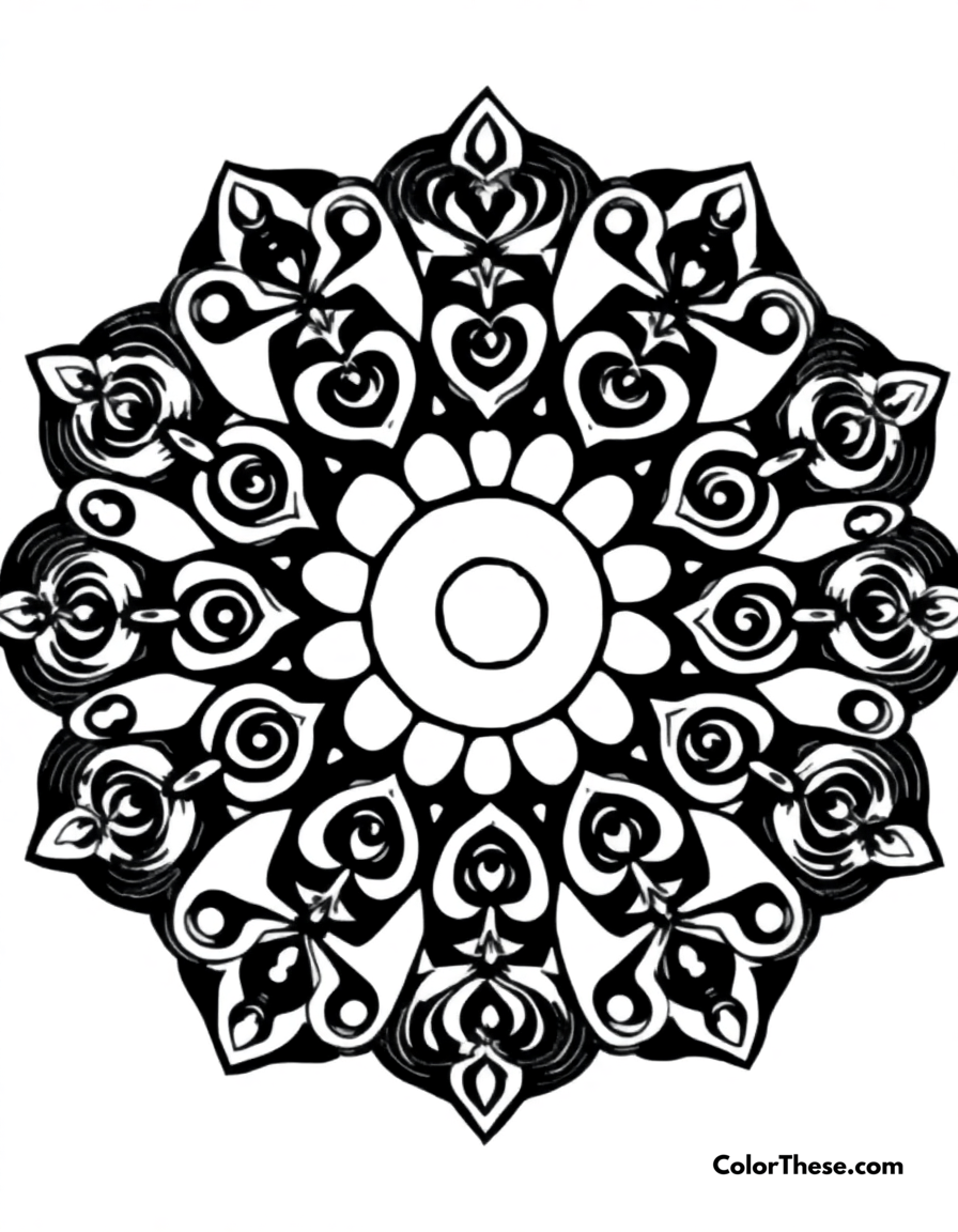 Free printable spiral mandala with swirling patterns coloring page for kids and adults - A a mandala featuring swirling spiral patterns.