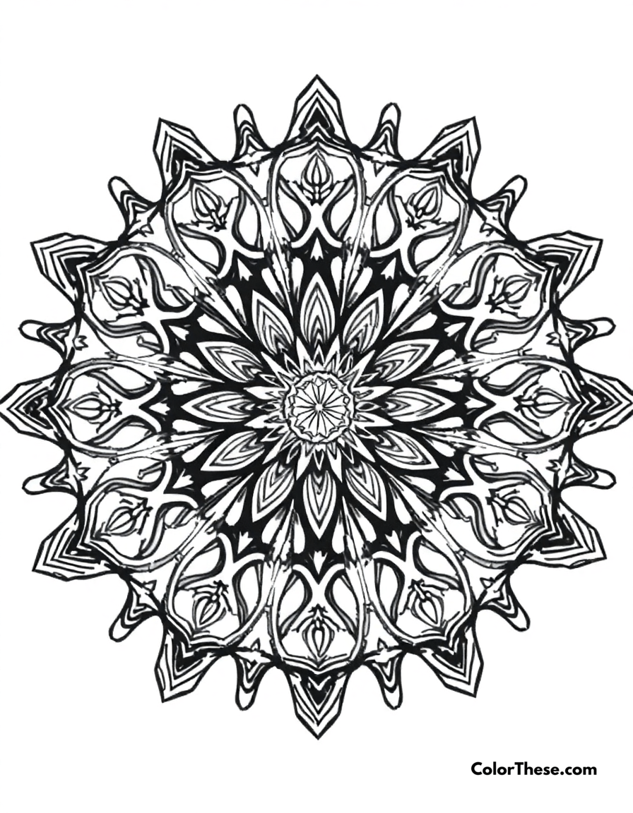 Free printable star mandala with intricate patterns coloring page for kids and adults - A a mandala featuring star-shaped patterns with intricate details.