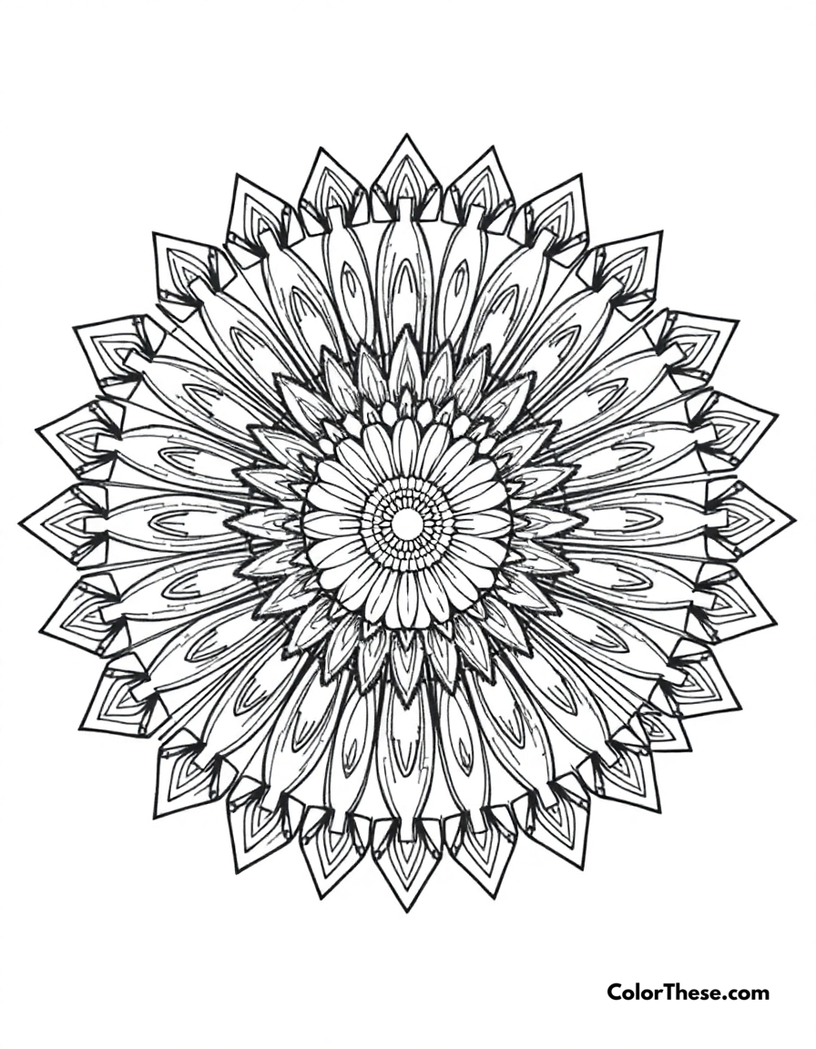 Free printable sunburst mandala with rays coloring page for kids and adults - A a mandala featuring a sunburst design with radiating rays.