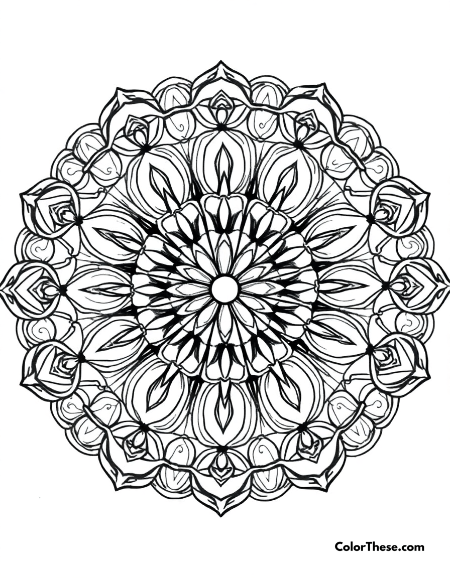 Free printable turtle mandala with shell patterns coloring page for kids and adults - A a mandala featuring turtle-inspired shell patterns.