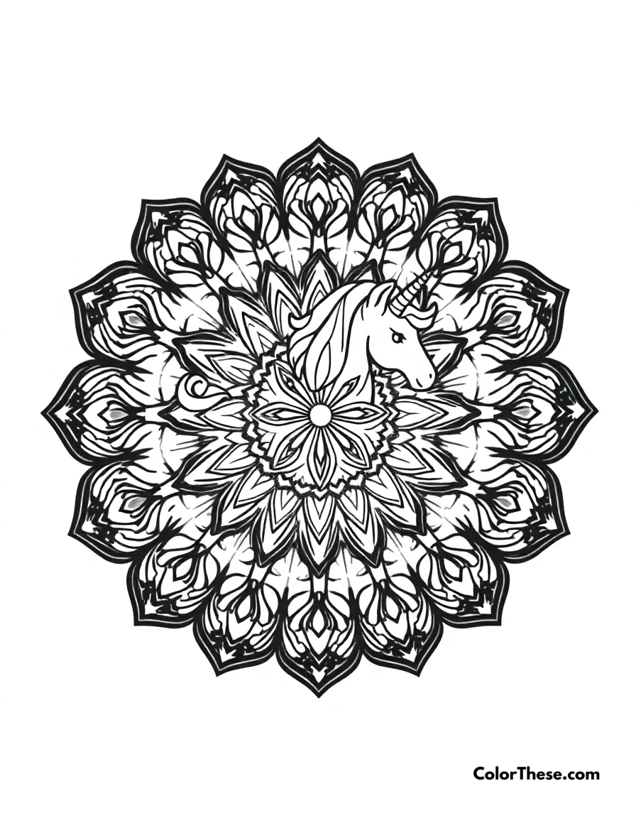 Free printable unicorn mandala with magical patterns coloring page for kids and adults - A a mandala featuring unicorn-inspired magical patterns.